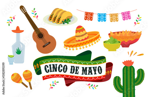 Cinco de Mayo, collection set of elements in Mexican traditional style - Sombrero, Maracas, Cactus and Guitar, Nachos and Taco with Mescal or Tequila
