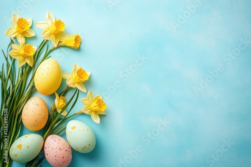  Easter Background with Pale Eggs and Daffodils on Blue Plane, Spring Holiday Decoration with Fresh Botanical Elements