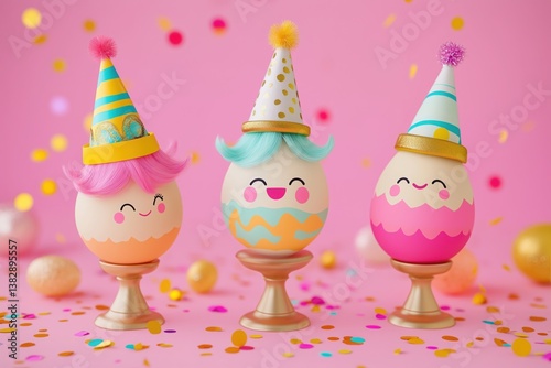 3D Smiling Easter Eggs with Colorful Hair and Party Hats on Pink Golden Confetti Background, Festive Holiday Celebration Theme