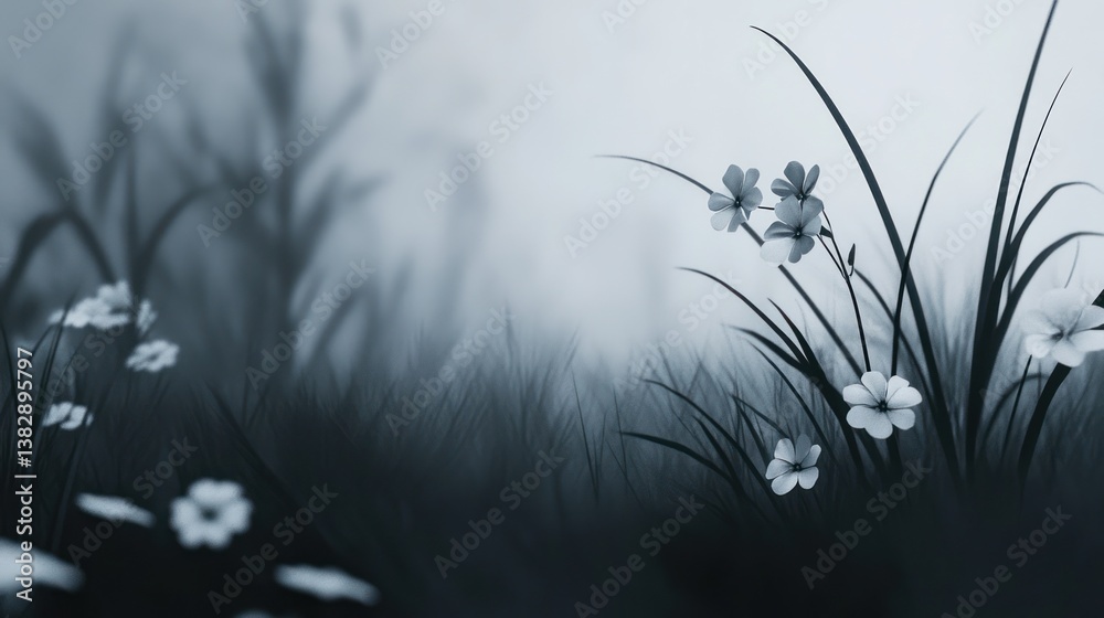 Obraz premium Misty meadow flowers. Artistic digital painting. Quiet nature. Peaceful scene. Stock photo