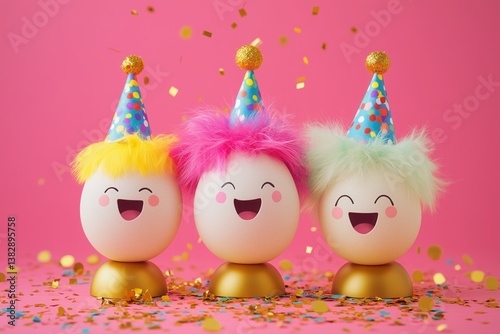 3D Smiling Easter Eggs with Colorful Hair and Party Hats on Pink Golden Confetti Background, Festive Holiday Celebration Theme