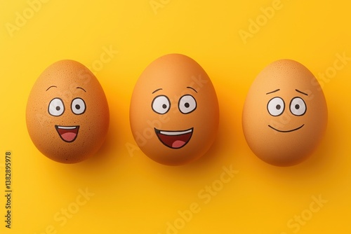 Three Eggs with Playful Expressions on Bright Yellow Background for Whimsical Design and Children's Projects