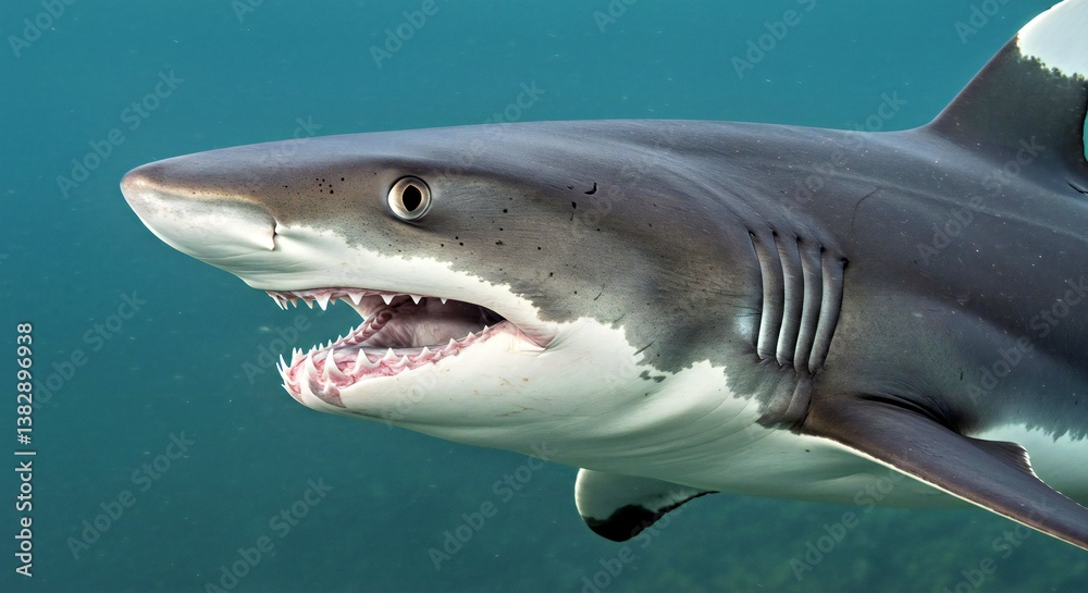 Naklejka premium A Close-up of an Oceanic Whitetip Shark's Head, Focusing on Its Powerful Jaws, Its Sharp Teeth_