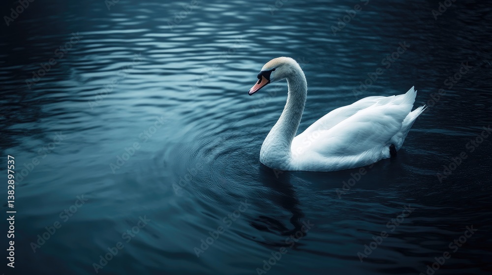 Elegant White Swan Swimming Gracefully on Dark Blue Water Pond Elegant White Swan Swimming Gracefully on Dark Blue Water Pond