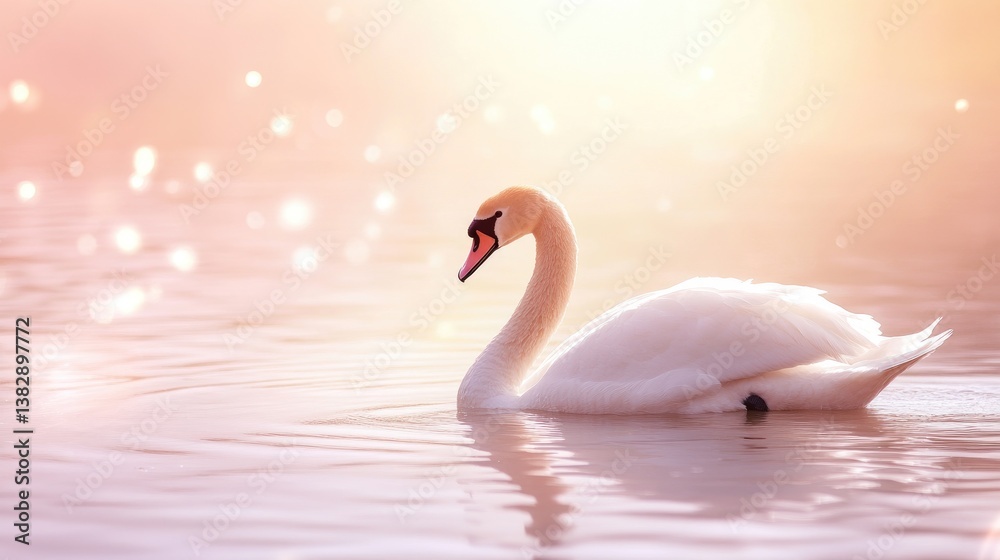 Fototapeta premium Swan Swimming Calmly in Pink Water with Soft Bokeh Lights Effect