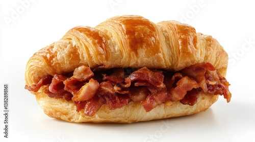 A crispy bacon croissant sandwich isolated on a white background, highlighting the flaky texture of the croissant and the savory bacon filling.