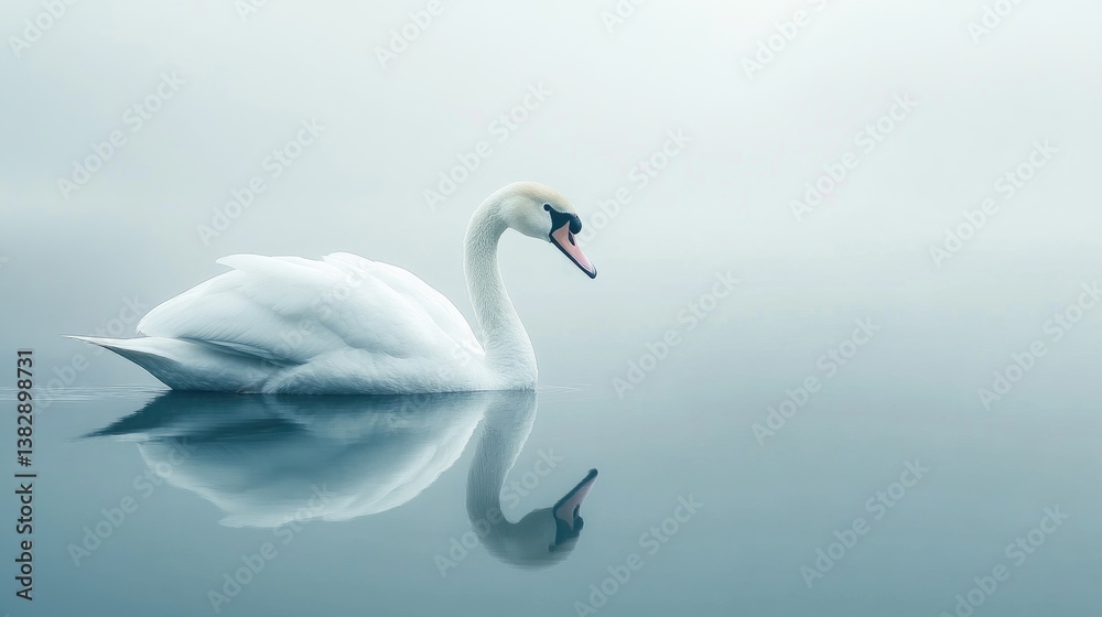 Swan Swimming Peacefully on Calm Water with Reflection and Soft Light Swan Swimming Peacefully on Calm Water with Reflection and Soft Light