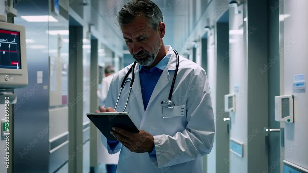 A doctor stands in a hospital corridor, focused on a tablet as he reviews patient information while nurses move about in the background. A doctor stands in a hospital corridor, focused on a tablet as he reviews patient information while nurses move about in the background.