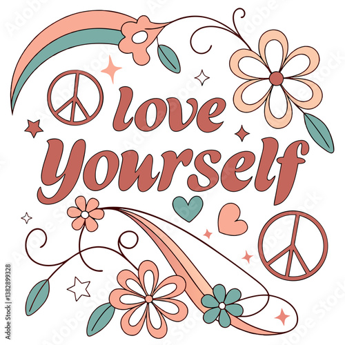 Love Yourself Inspirational Quote With Flowers Peace Sign Rainbow And Stars