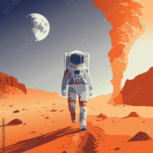 Astronaut Exploring Volcanic Martian Landscape – Futuristic Space Adventure Illustration

