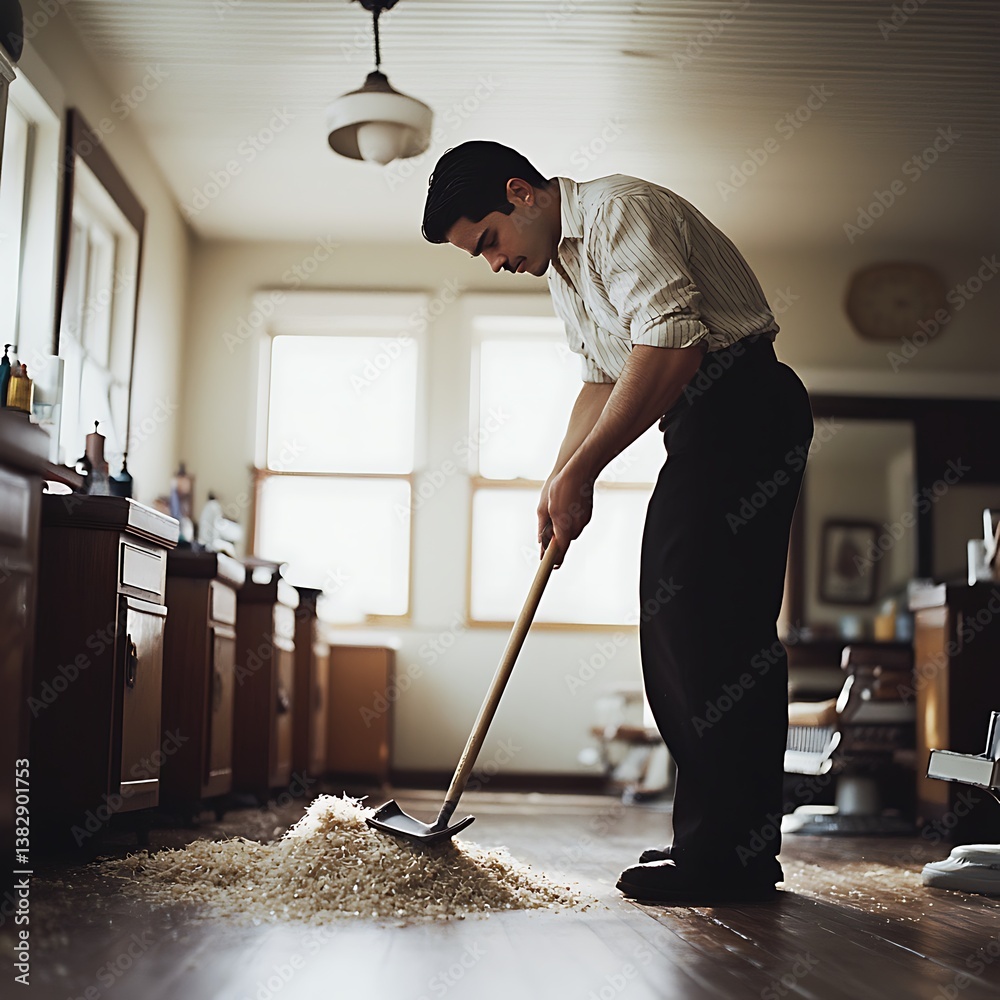 Fototapeta premium Man is sweeping a pile of wood shavings on the floor