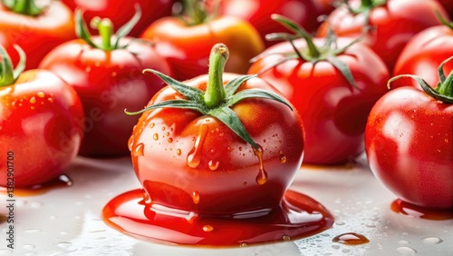 Luscious red tomatoes, glistening with homemade ketchup, a vibrant still life.