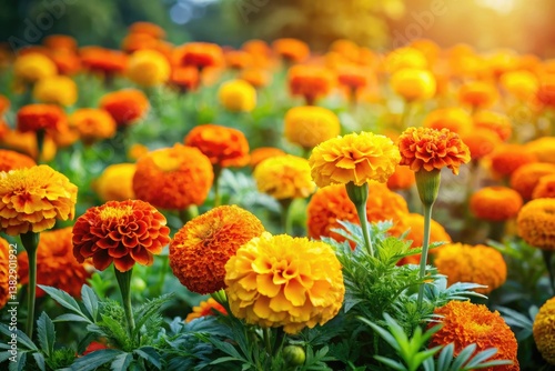 Lush marigold blooms burst in vibrant orange-yellow, a dazzling flowerbed spectacle.
