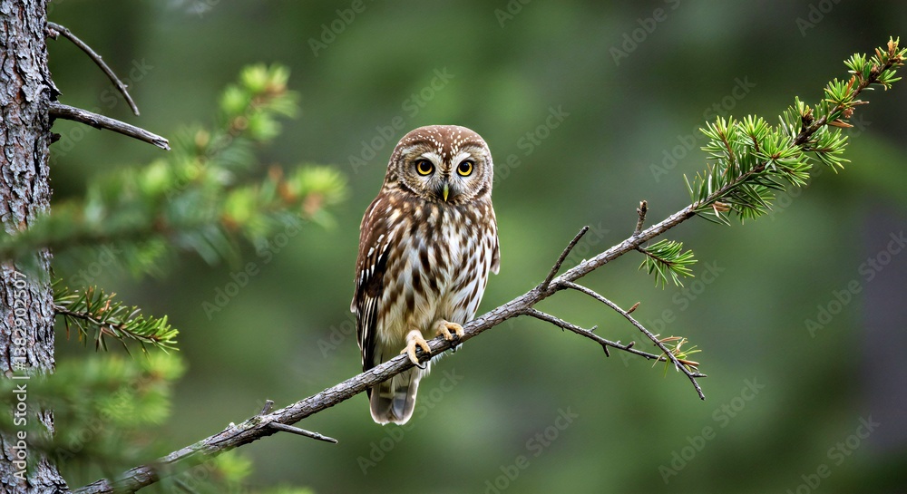 A Flammulated Owl Perched on a Thin Branch of a Conifer Tree in a High-Elevation Forest_ A Flammulated Owl Perched on a Thin Branch of a Conifer Tree in a High-Elevation Forest_