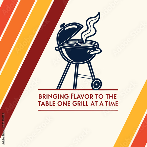 Illustration Of Bbq Grill With Smoke And Colorful Stripe Pattern Background