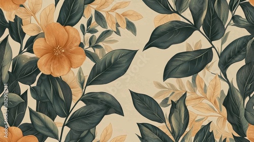 Artistic engravings of flowers and foliage.