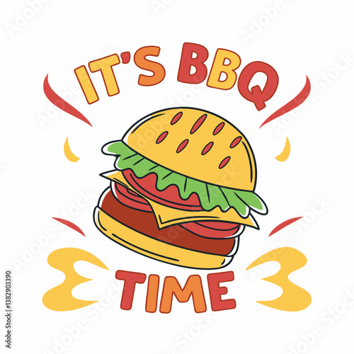 Cartoon Burger With Bbq Time Message For Grill Party Invitation