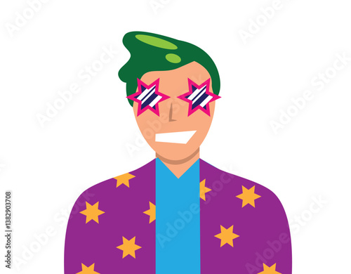 Bust of a Hipster Man with Cool Star Shape Glasses. People, lifestyle and fashion concept vector art