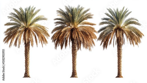 Four isolated date palm trees against white background