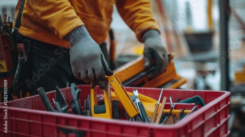 A construction worker organizing tools at a building site. Featuring efficiency and order