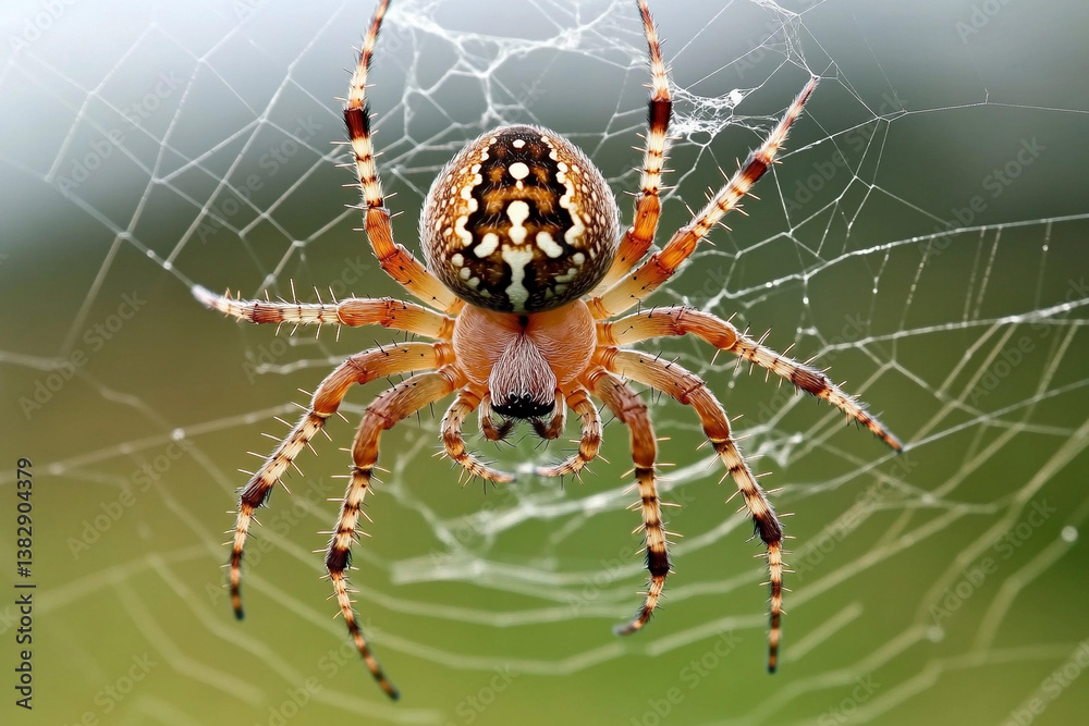 Obraz premium Spider intricately spinning its web in vibrant detail during early morning light