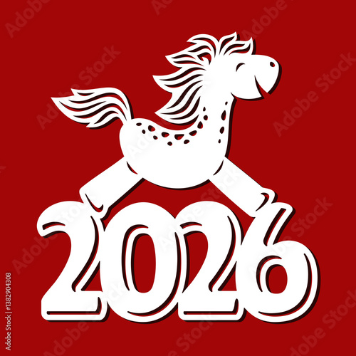 Festive decoration for 2026. Numbers and a funny horse, pony for a card, interior, Christmas tree. Template for plotter laser cutting of paper, wood carving, metal engraving, cnc. Vector illustration.
