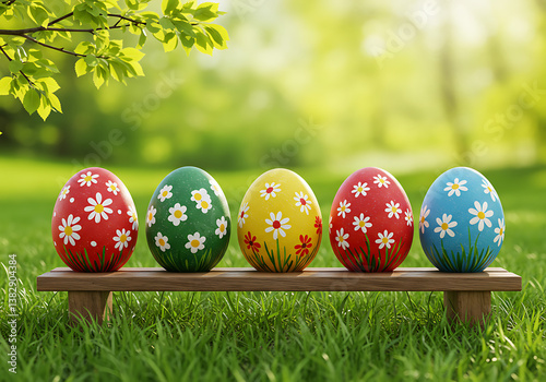 Colorful easter eggs decorated with flowers on a bench in spring time