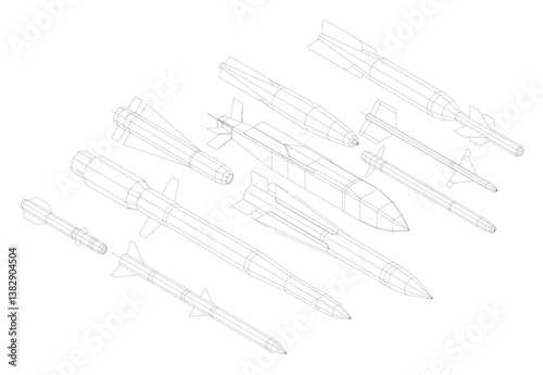 A series of missiles are drawn in black and white. Concept of military power and strength