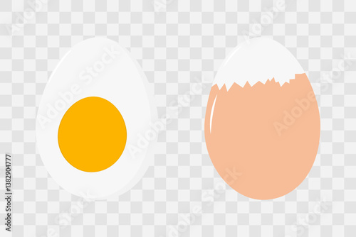 Half hard boiled egg with yolk and partially purified egg in eggshell Set two design elements idea