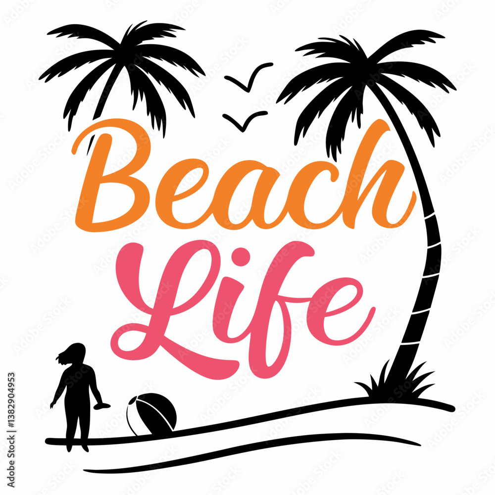 Obraz premium Beach Life Summer Vacation With Palms Girl And Ball Illustration