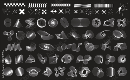 Big collection of abstract geometric wireframe shapes. Colorful modern brutal forms and figures on black background. Y2k design aesthetic. Decorative design elements. Vector illustration.