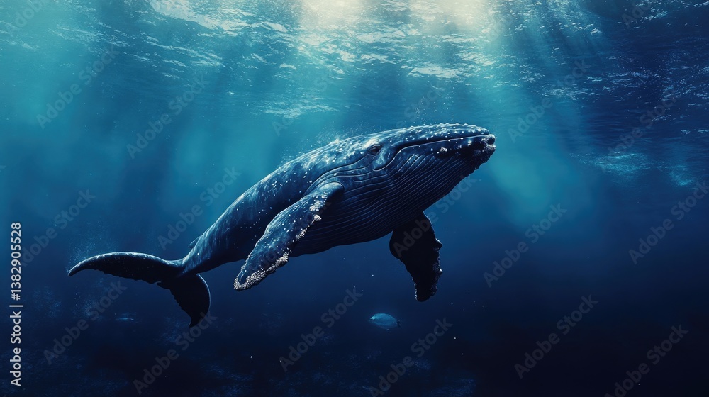 Fototapeta premium Humpback Whale Swimming Underwater with Sun Rays Streaming Through Ocean