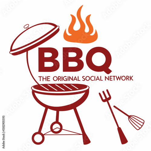 Bbq Grill And Tools Graphic Design With Flame And Message