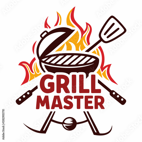 Grill Master Logo Design With Bbq Tools And Fire Flames Illustration