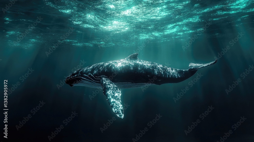 Naklejka premium Humpback Whale Swimming Underwater with Sun Rays Through Ocean Surface