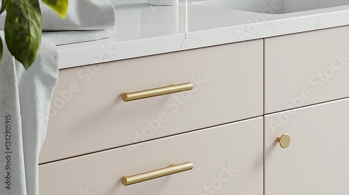 Close up photograph of new modern kitchen cabinets and drawers