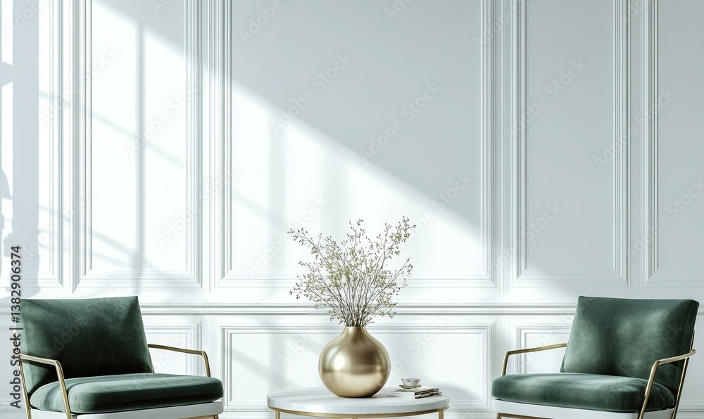 Obraz premium Elegant, sunlit room with green velvet chairs