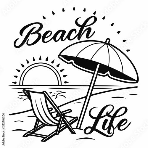 Beach Life Illustration With Deck Chair Umbrella And Sunset Scene