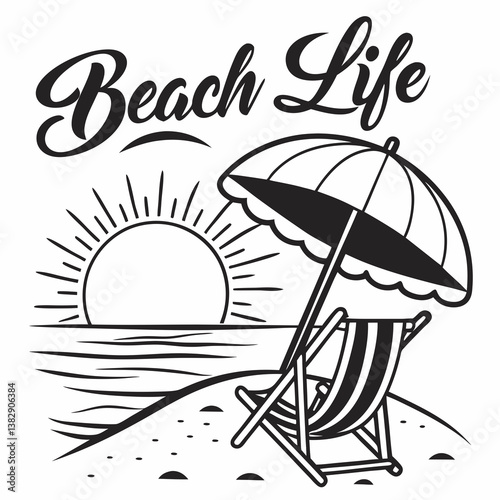 Beach Life Illustration Of A Coastal Scene With Chair Umbrella And Sun