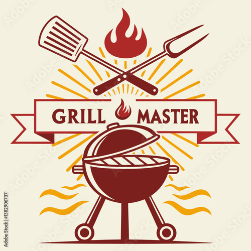 Grill Master Barbecue Emblem With Crossed Utensils Fire And Grill