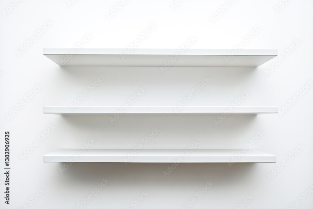 Empty white shelves on minimalist wall create clean and modern interior design aesthetic Empty white shelves on minimalist wall create clean and modern interior design aesthetic