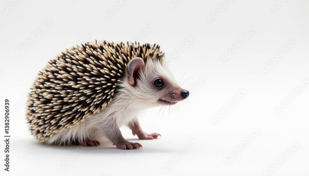 Obraz premium Single hedgehog on plain white backdrop, facing right, closeup, right, mammal