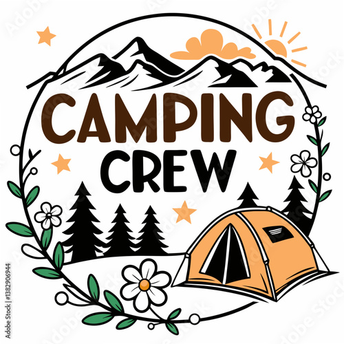 Camping Crew Adventure Graphic With Tent Mountains And Floral Elements