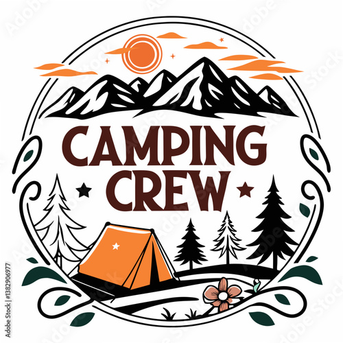 Camping Crew Adventure Outdoor Illustration With Mountains Tent And Pine Trees