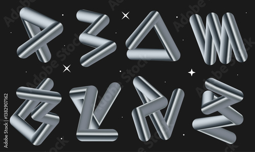 Set of metallic gradient line shapes. Geometric shiny 3d blend stroke. Design elements