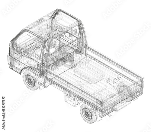 A truck is shown in a very detailed and precise manner. The image is of truck with white background. The truck is shown in a very detailed manner, with every part of it clearly visible. Isometric view