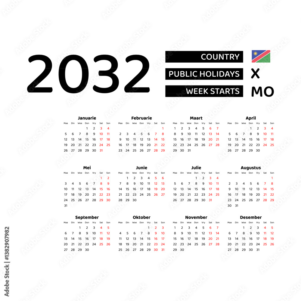 Calendar 2032 Afrikaans language with Namibia public holidays. Week starts from Monday. Graphic design vector illustration. Calendar 2032 Afrikaans language with Namibia public holidays. Week starts from Monday. Graphic design vector illustration.