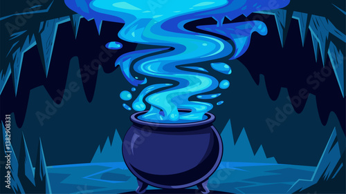 A vibrant blue cauldron emits swirling fumes in a mysterious cave setting, perfect for fantasy-themed designs and illustrations.