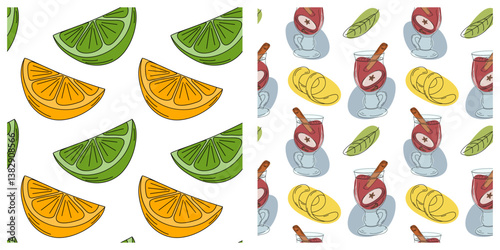 Orange Lime slices Pop Art Mulled wine Glass Cinnamon stick leaves fruit zest Seamless Pattern Set 2