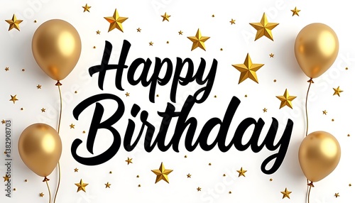 Elegant happy birthday greeting card with golden balloons and stylish typography on a white background.